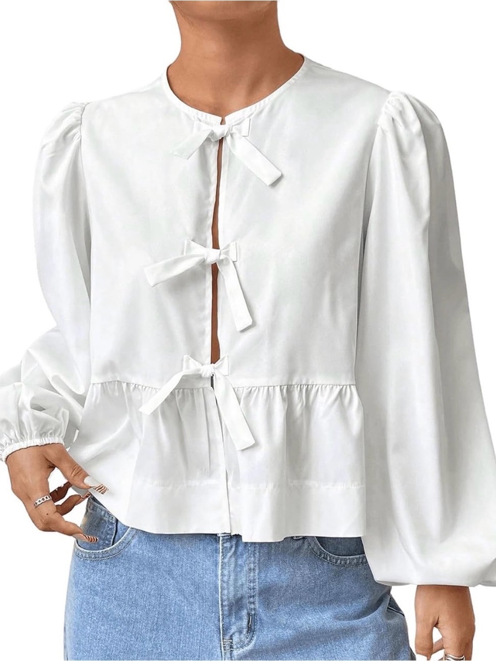 Jodiful Cotton White Bow Tie-Front Peplum Blouse - Women's Size Large